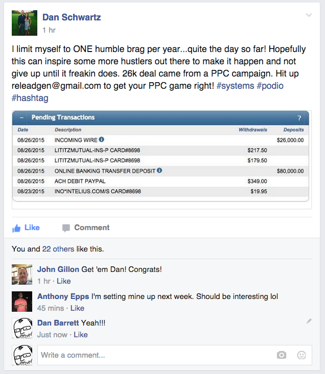 Facebook Testimonial from adwords for real estate investors client