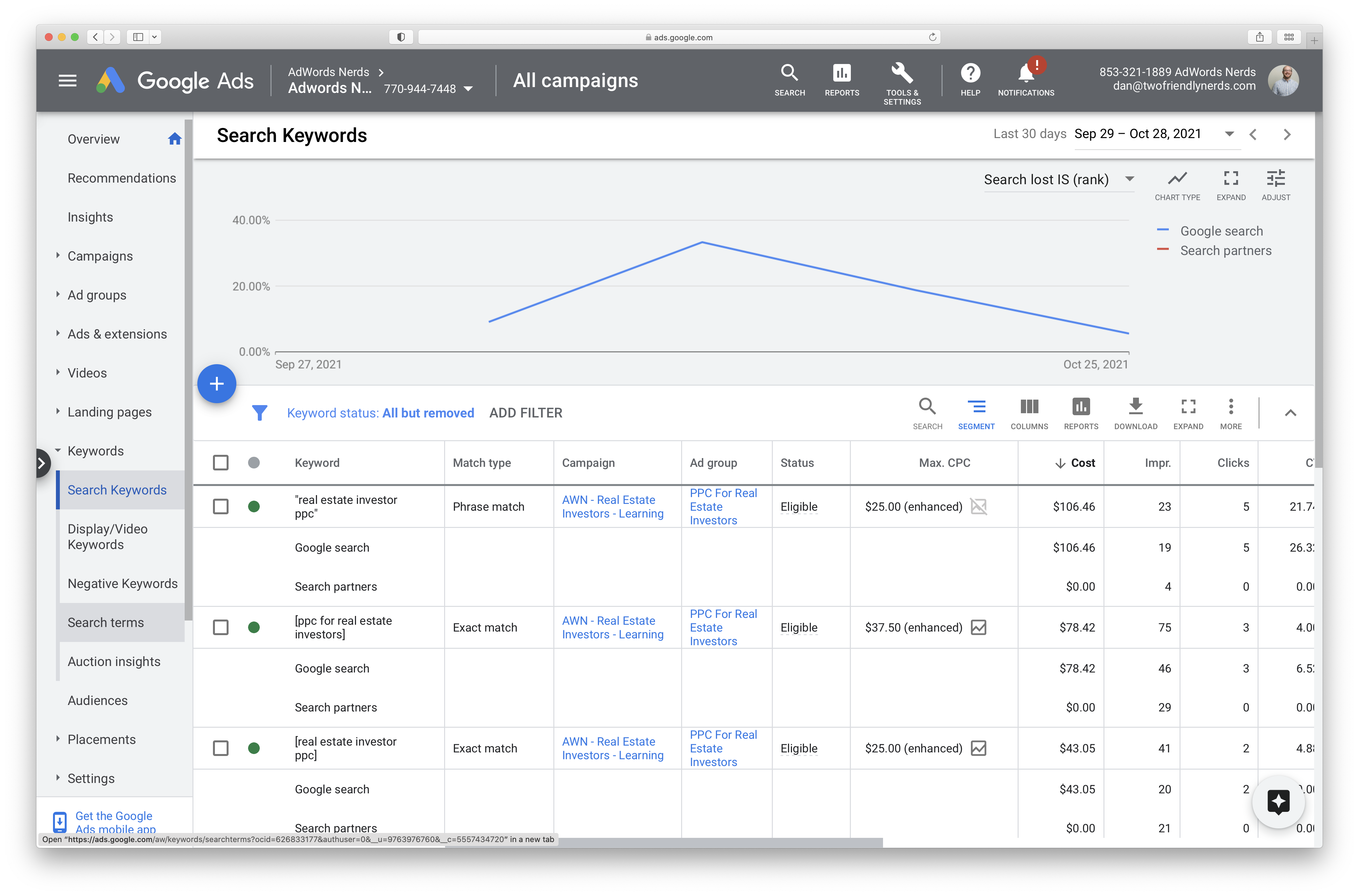 Click keywords and then search terms to view the search terms report