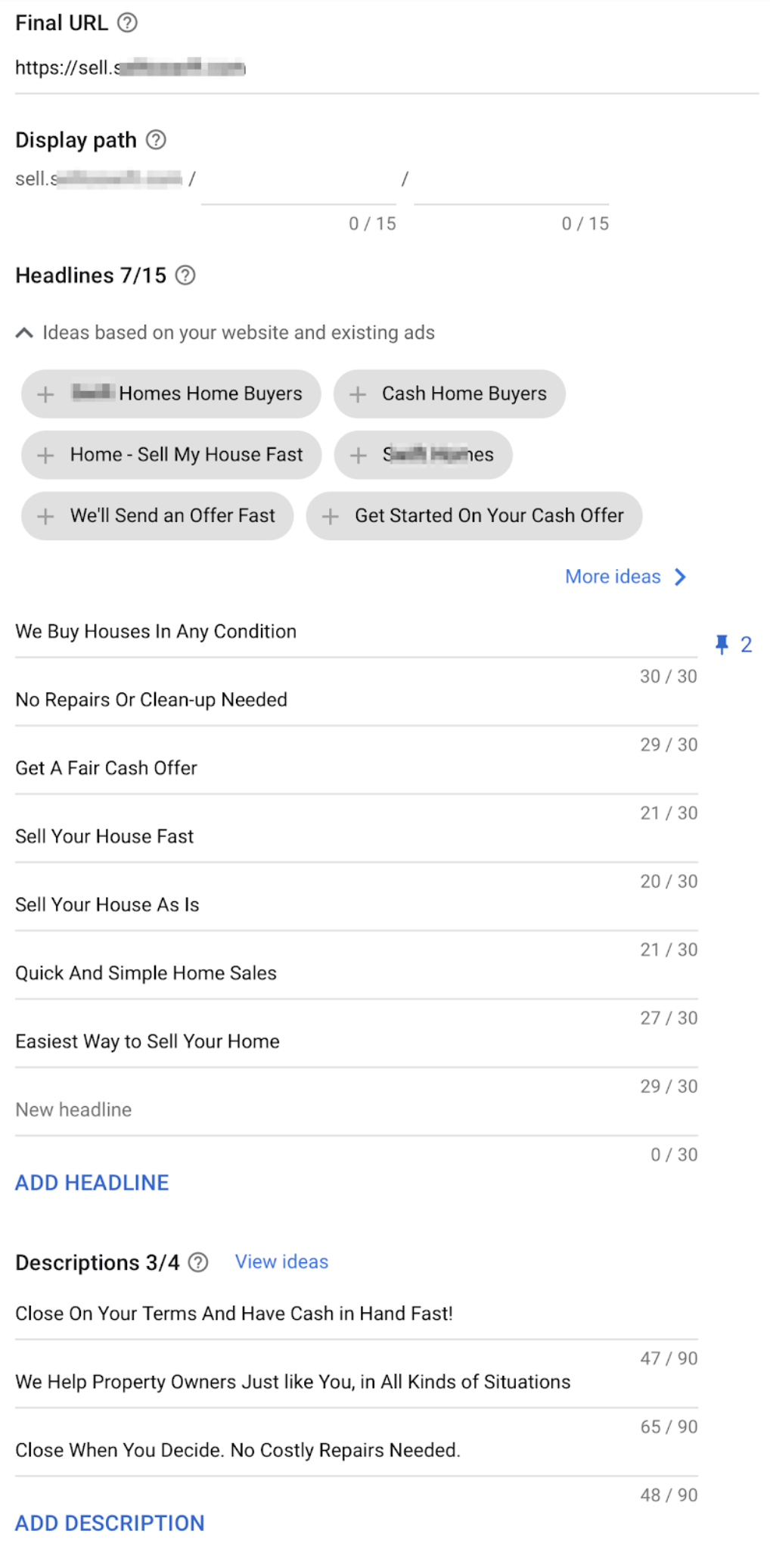 ad creation screen for a responsive search ad