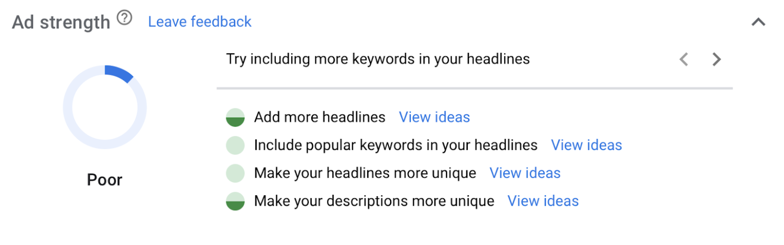 screenshot of ad strength metric during ad creation
